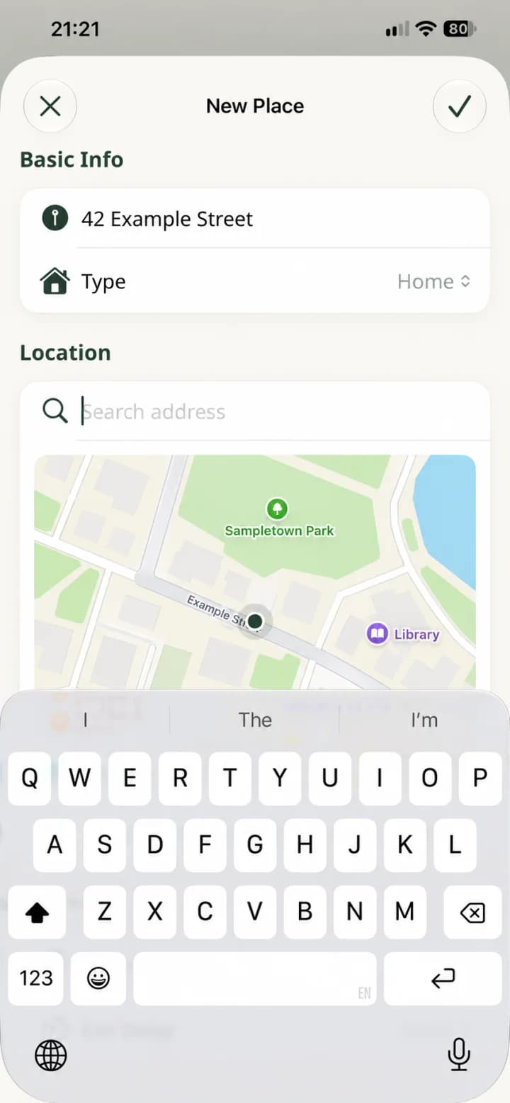 An anonymized Holty New Place screen with a fictional neighborhood map