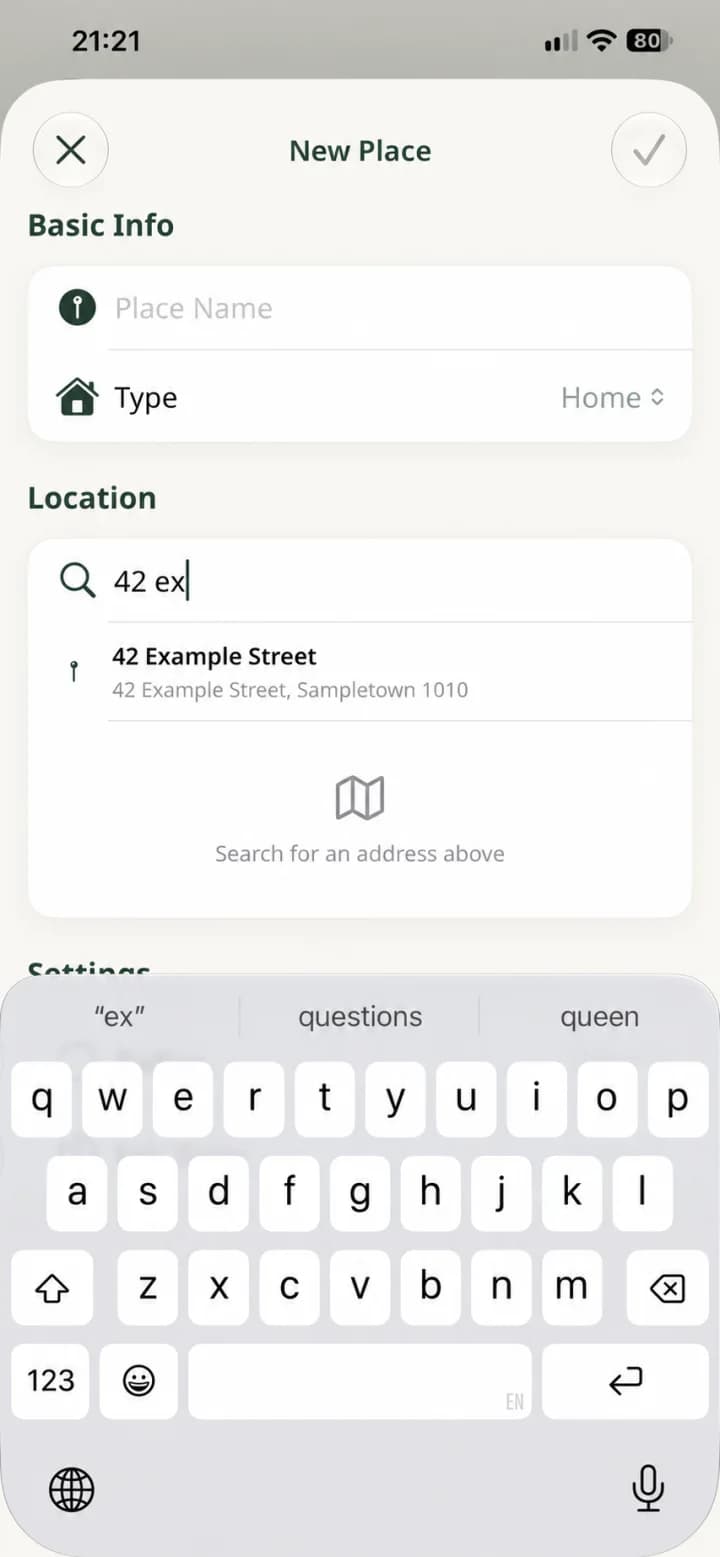 An anonymized Holty New Place screen searching for 42 Example Street