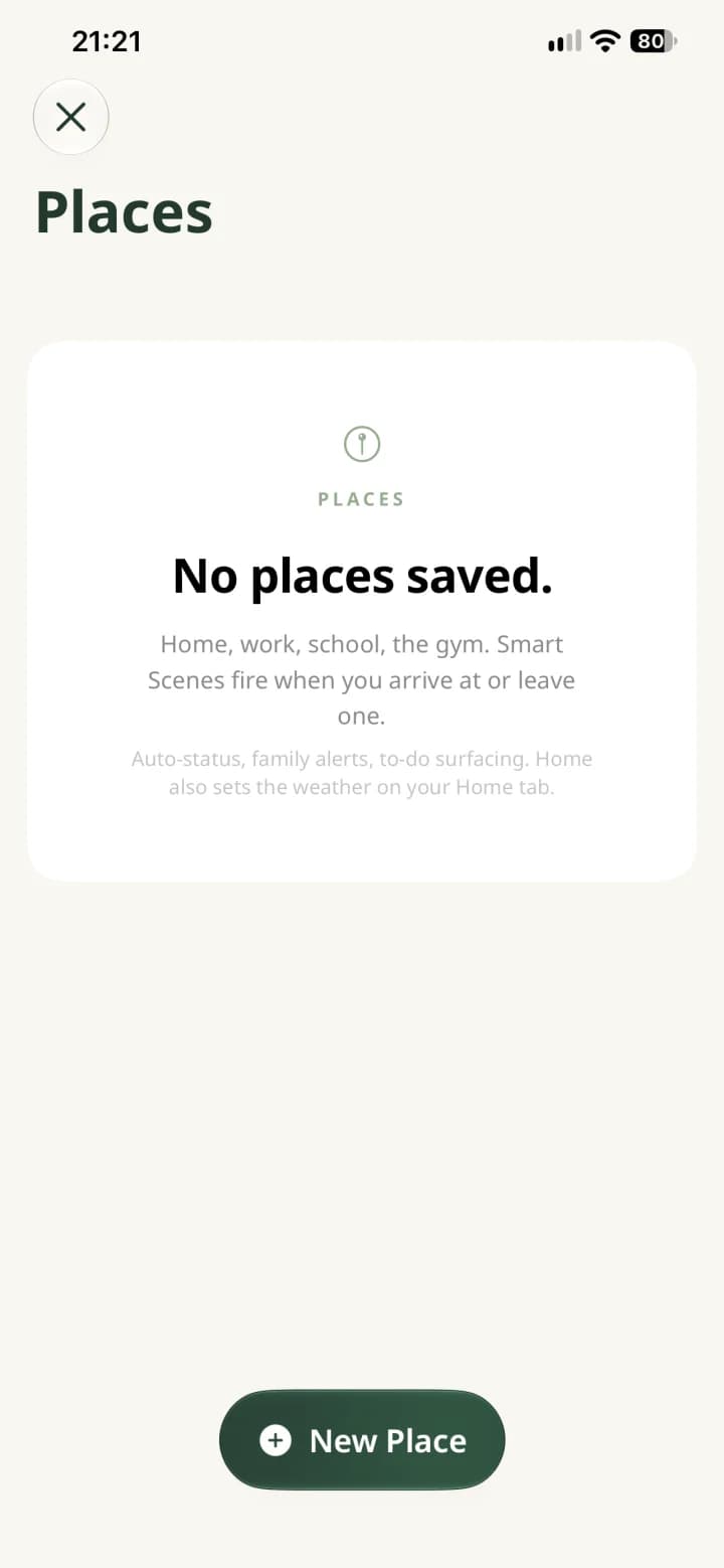 Holty Places screen with no saved places and a New Place button