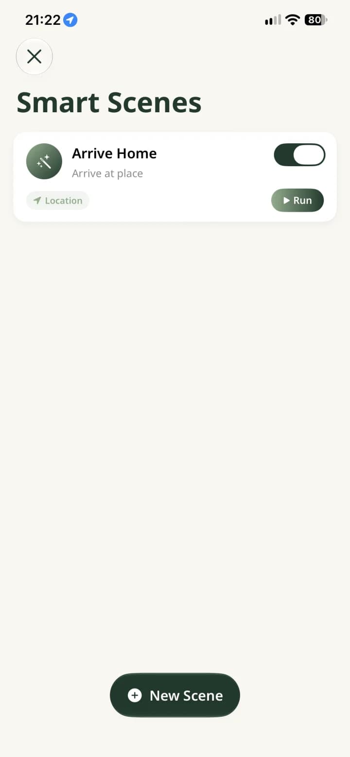 Holty Smart Scenes list with Arrive Home enabled
