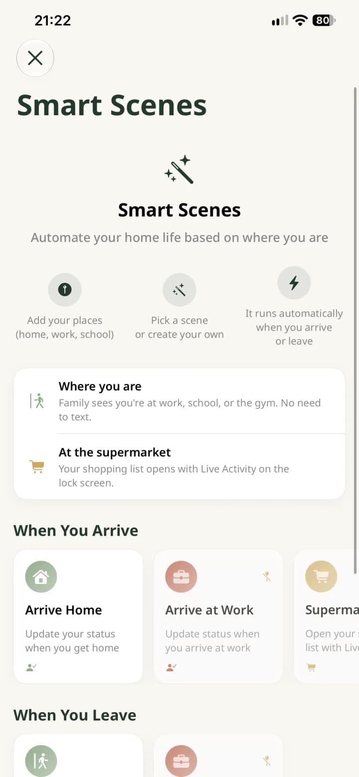 Holty Smart Scenes screen showing arrival and departure templates