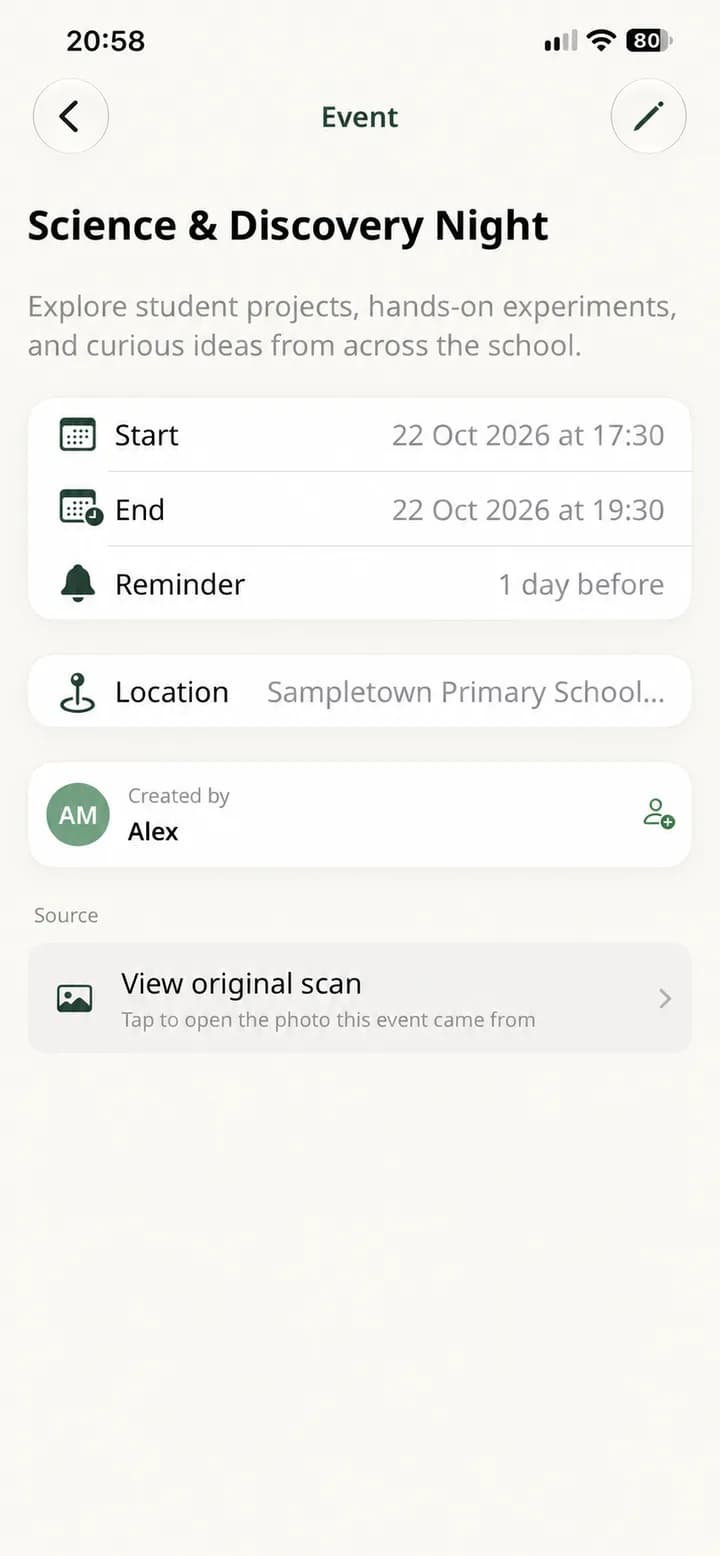 An anonymized Holty event details screen for Science and Discovery Night