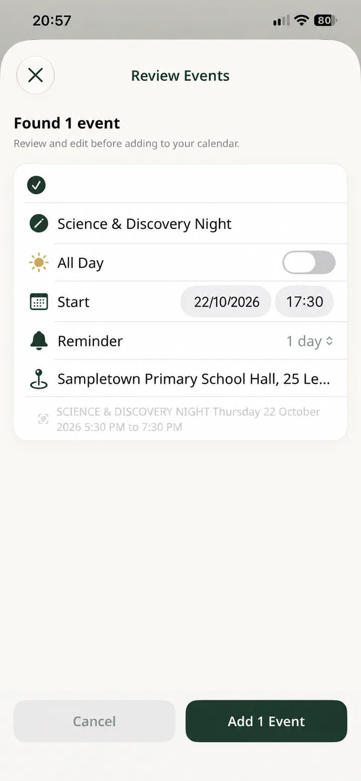 Holty Review Events screen showing one extracted school event ready to add