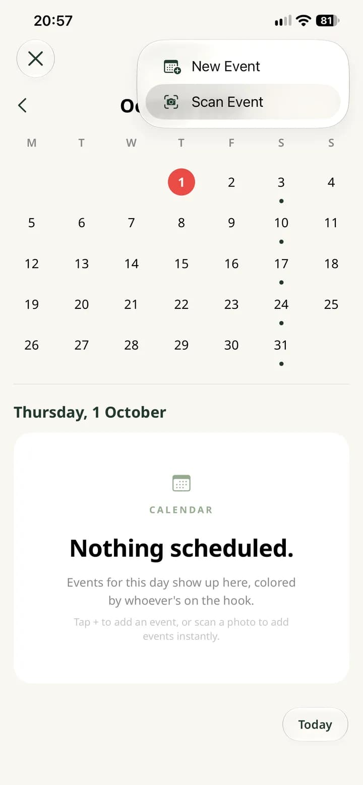 Holty Calendar with the add menu open and Scan Event selected