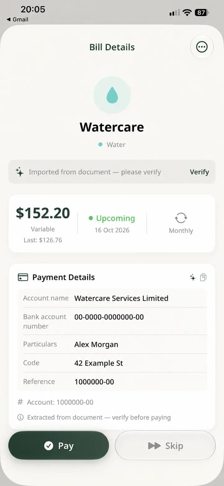 Holty bill details for a sample utility bill with fictional payment references