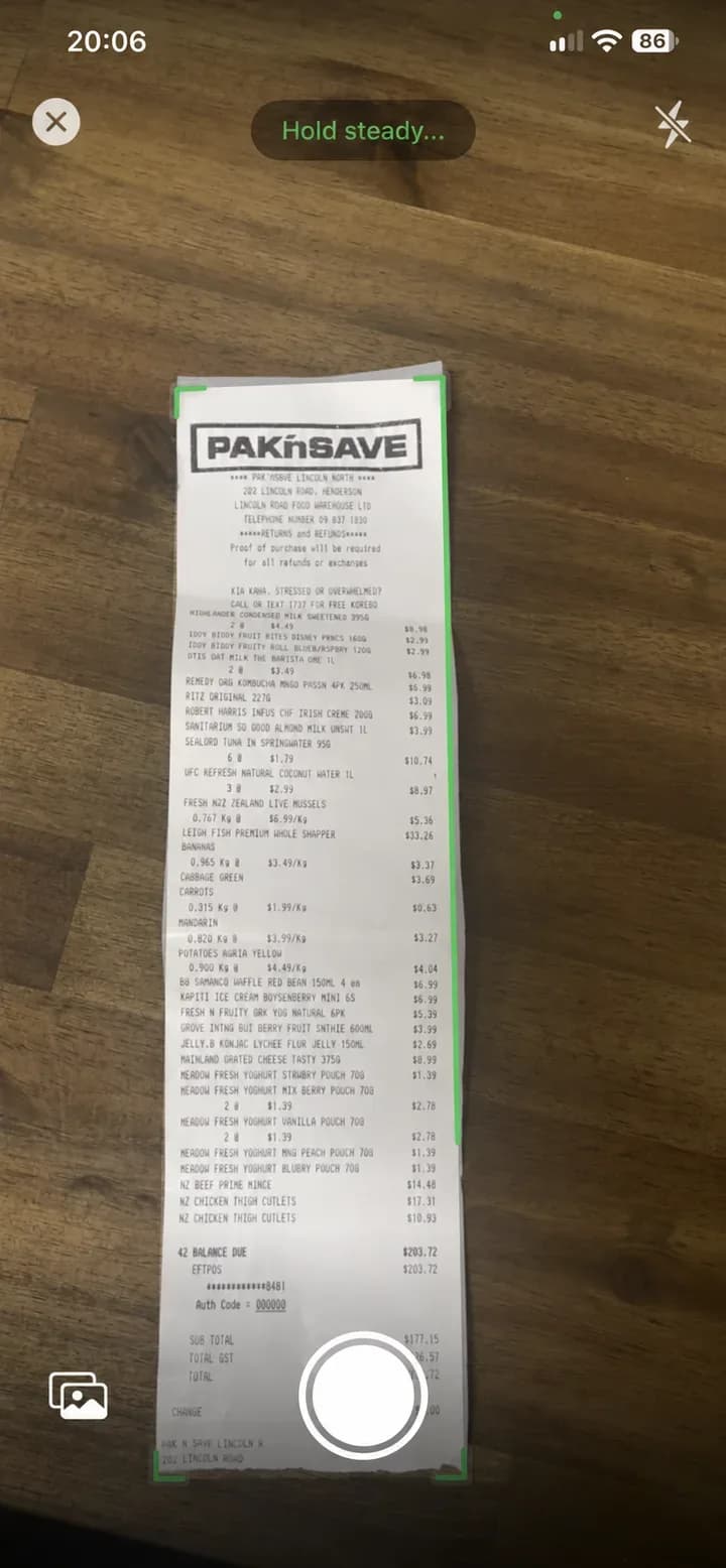 Holty camera scanner detecting the edges of a paper grocery receipt