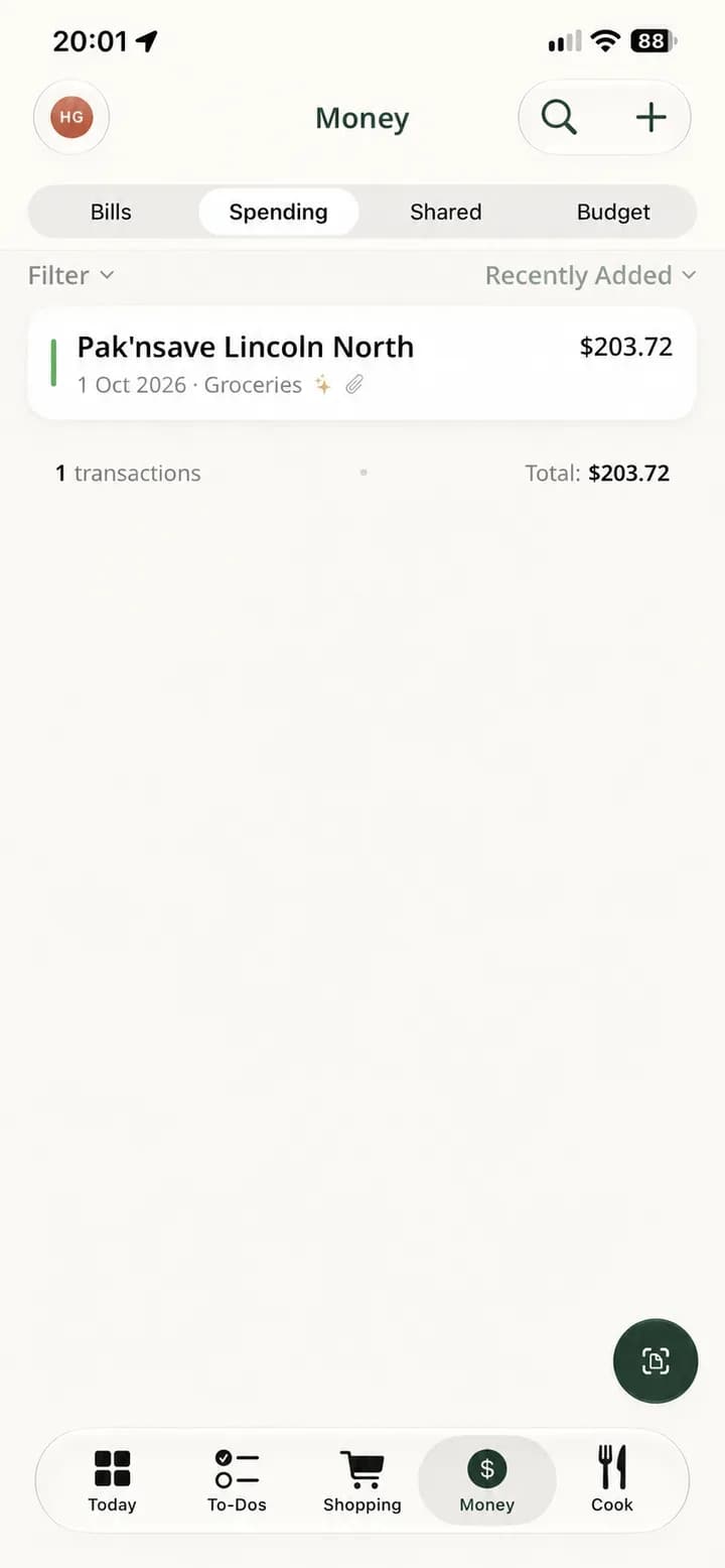 A scanned grocery receipt saved under Spending in Holty