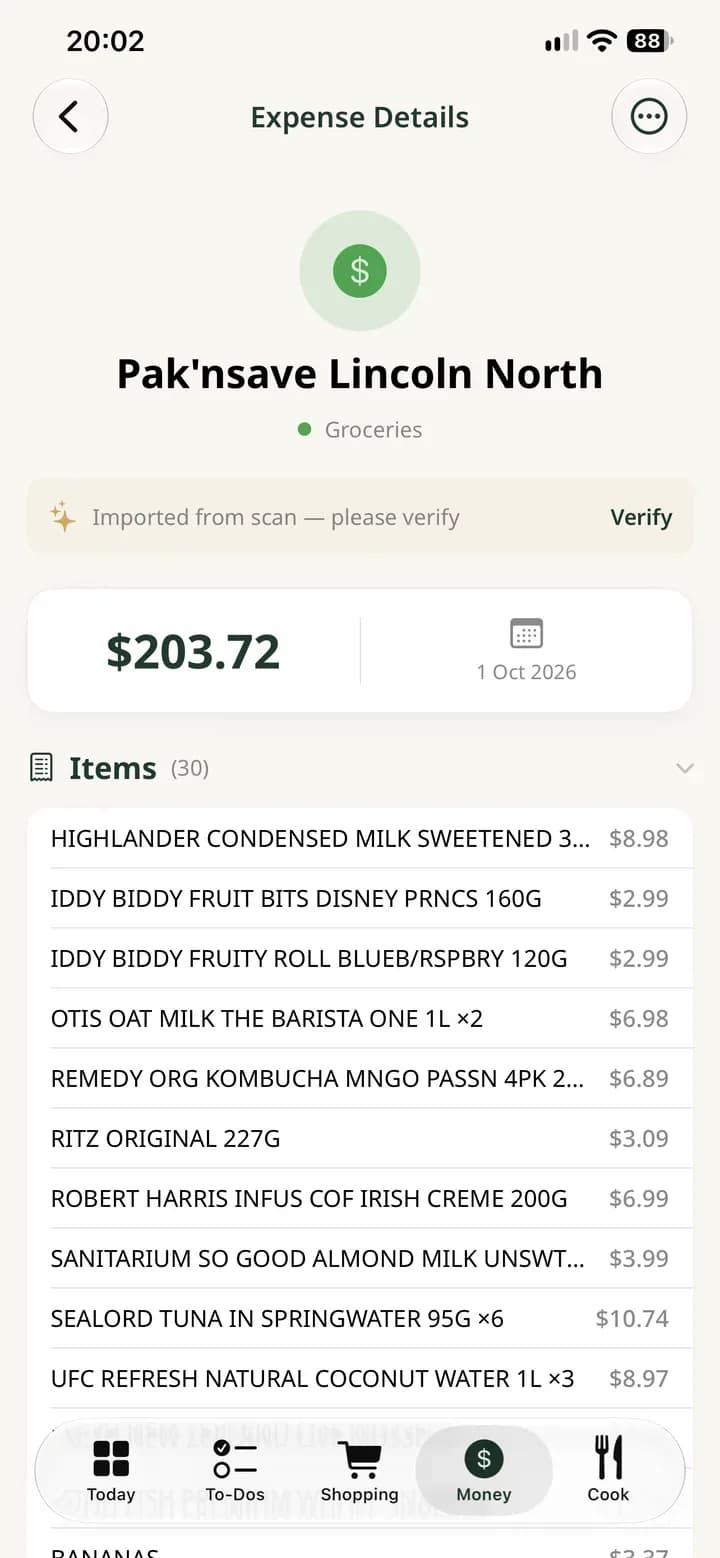 Holty expense details showing an imported receipt total, date, category, and item lines