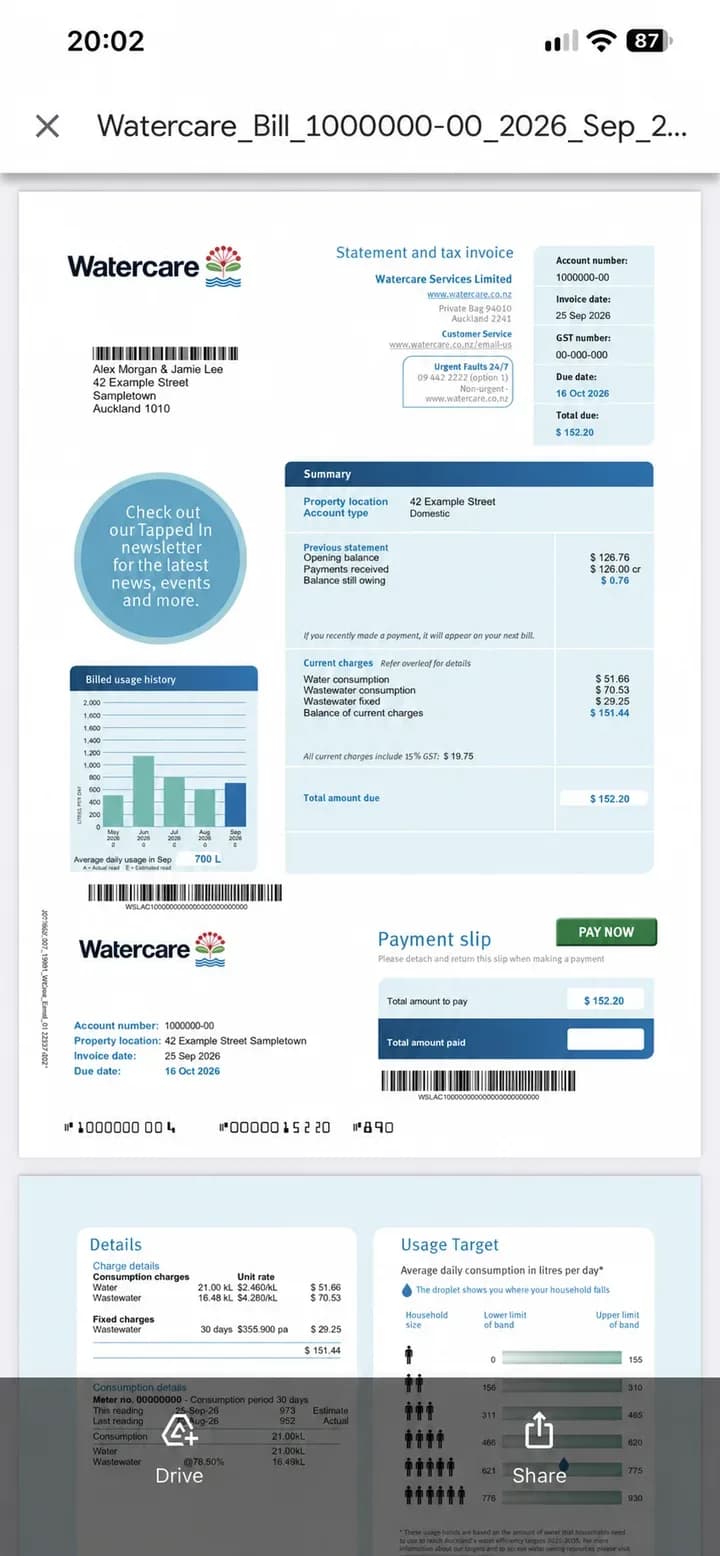 A sample utility bill open on an iPhone with the Share action visible