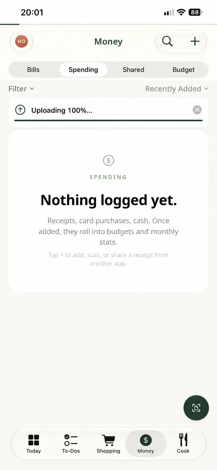 Holty Money screen showing a receipt upload in progress