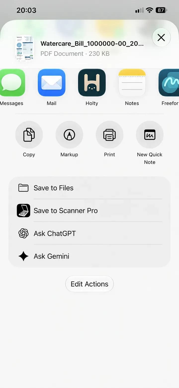 The iPhone share sheet showing Holty as a destination for a sample utility bill