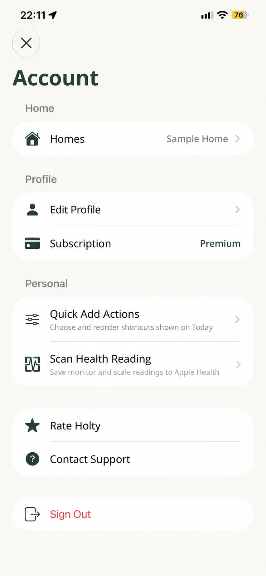 An anonymized Holty Account screen with Scan Health Reading under Personal