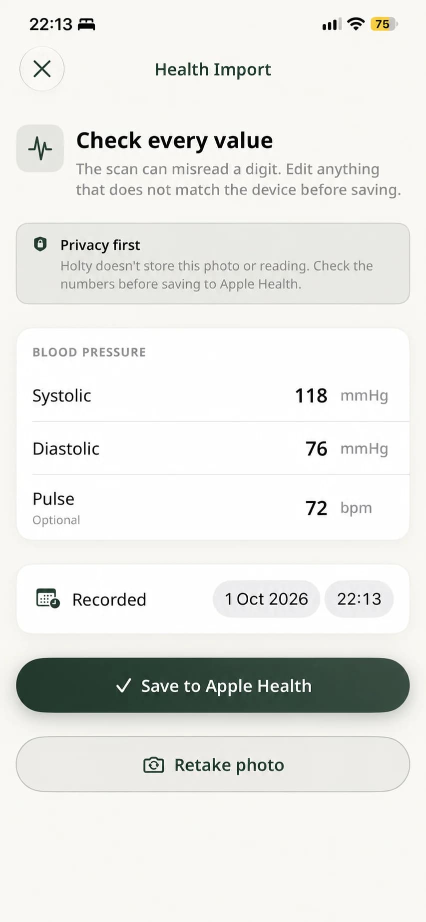 An anonymized Holty Health Import review showing sample blood pressure values