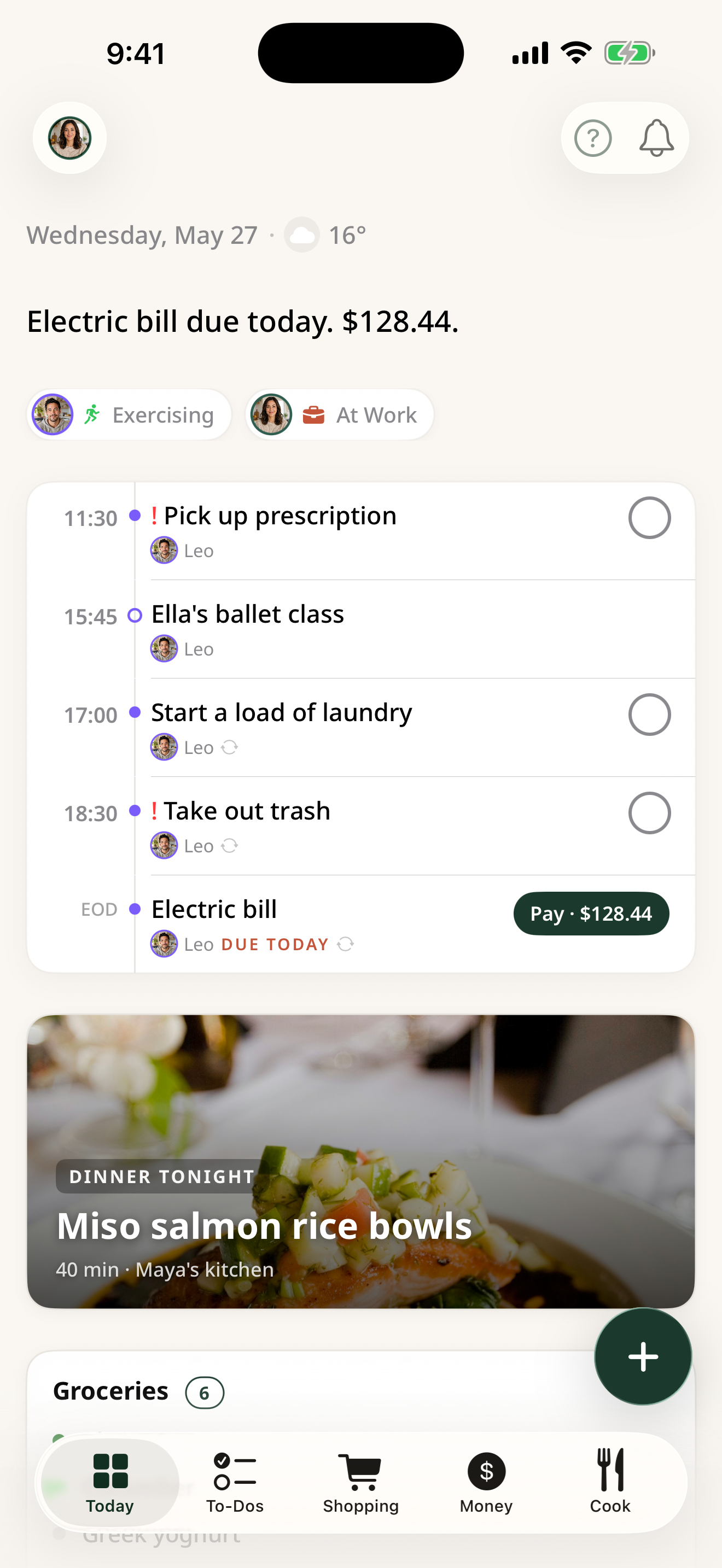 Holty today screen showing shared household tasks